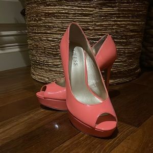 Women’s sassy coral peep toe shoes. Heel height is 5” H, platform is 1 1/8”H